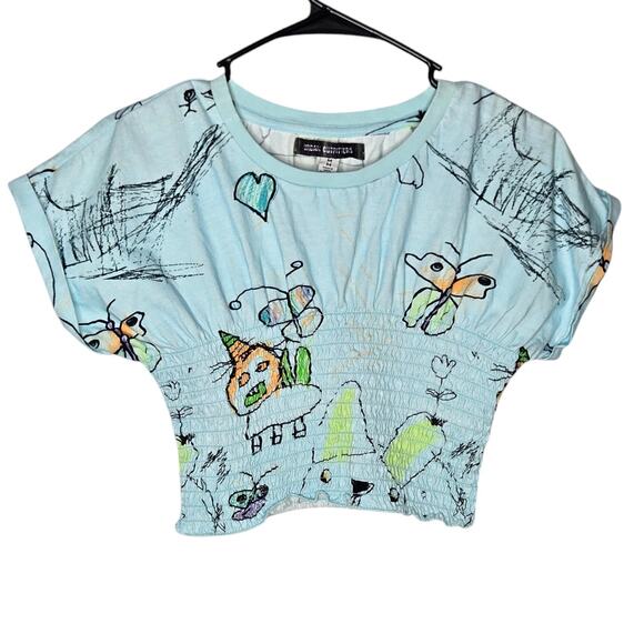 Urban Outfitters Blue Doodle Printed Short Sleeve Crop Top Women's Medium - Picture 2 of 7